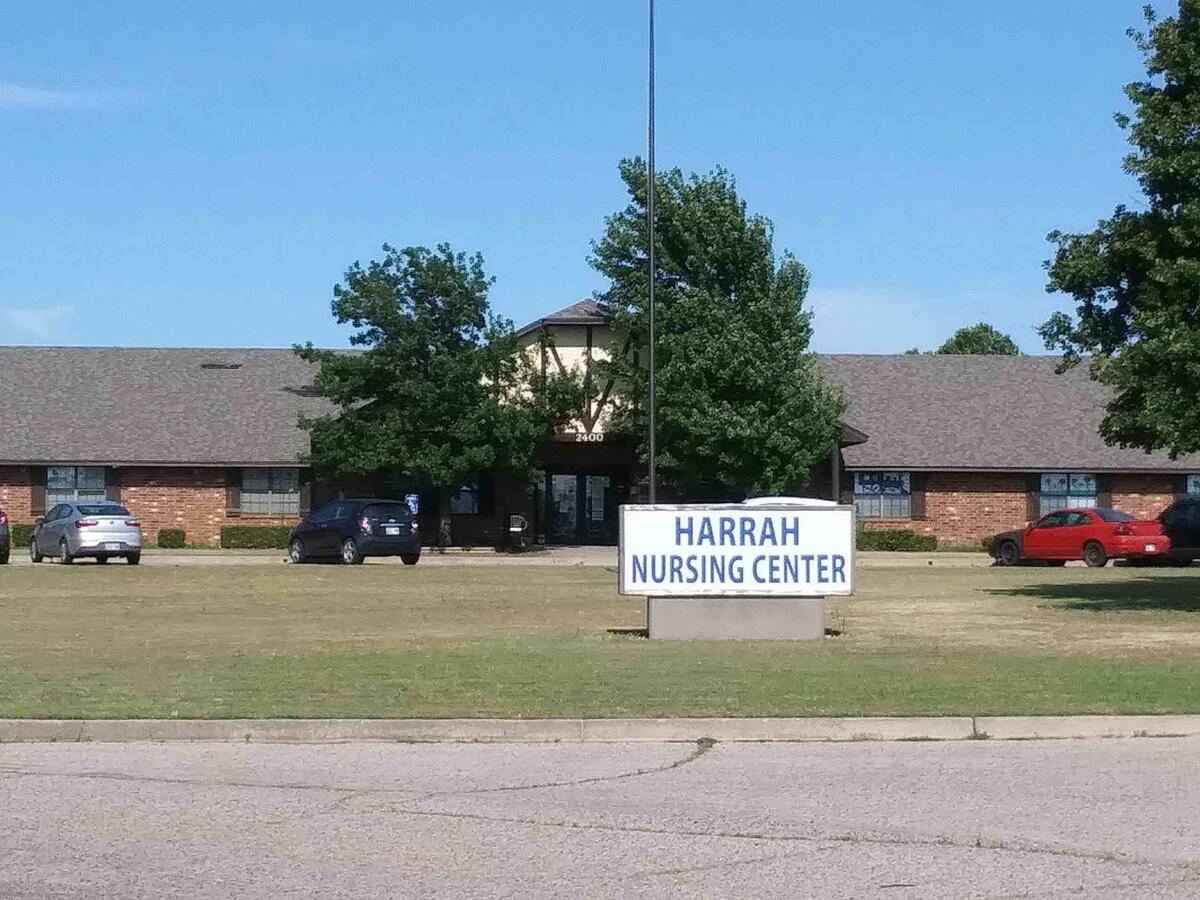 Harrah Nursing Center sign and building in Harrah, Oklahoma